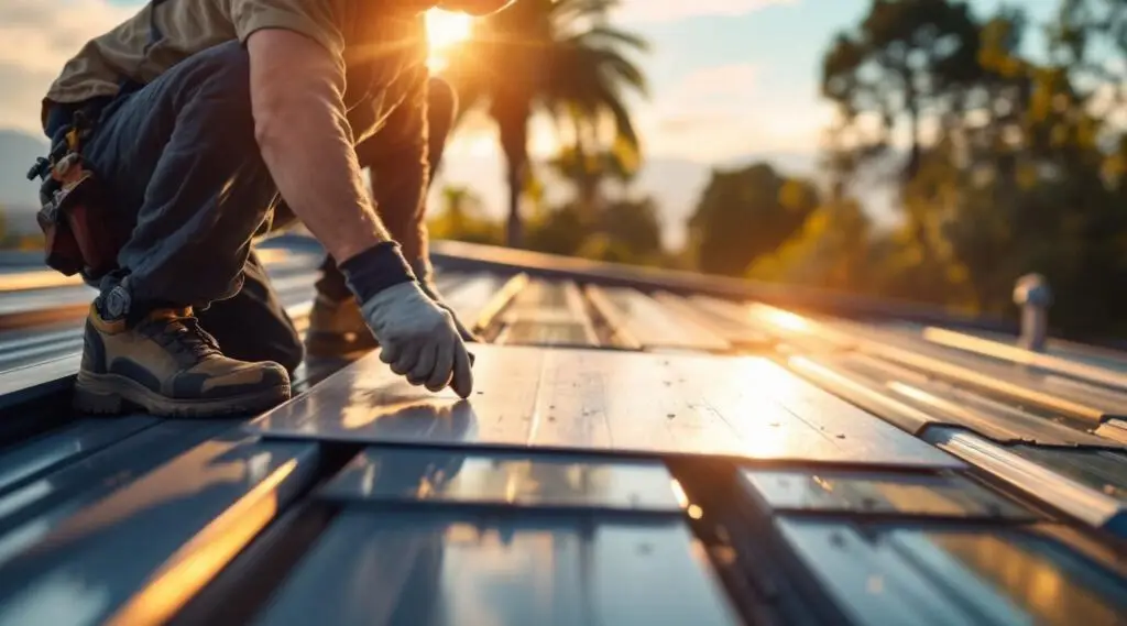 A commercial standing seam metal roof installation on a Keizer facility, showing precise panel alignment and clean seams.