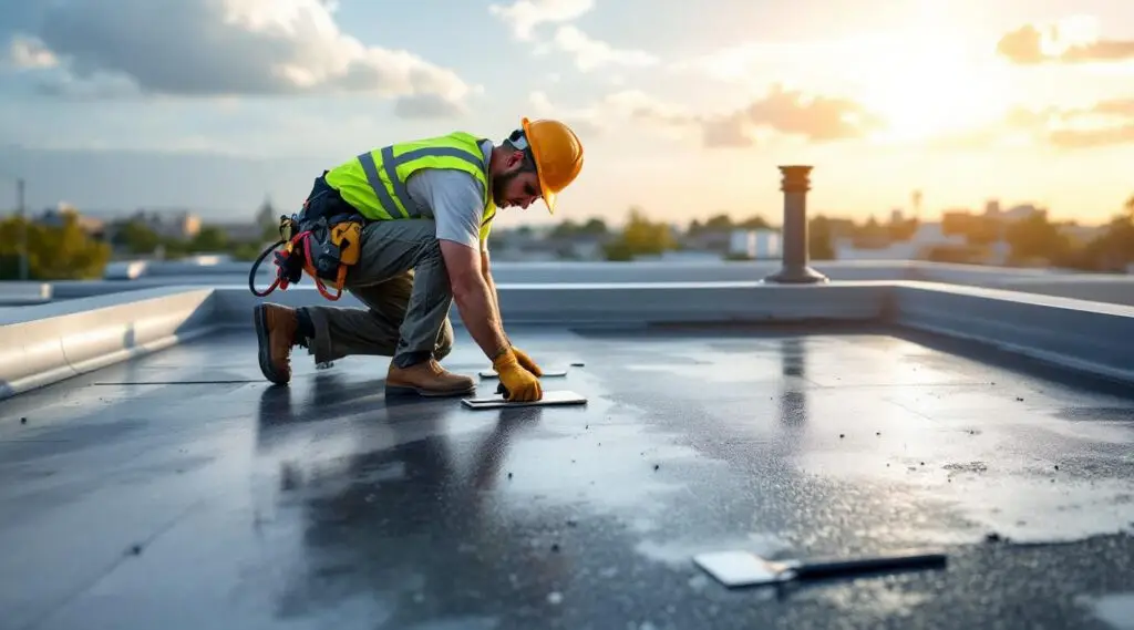 Professional roofing crew installing a black EPDM rubber roof membrane on a flat commercial building in Keizer Oregon