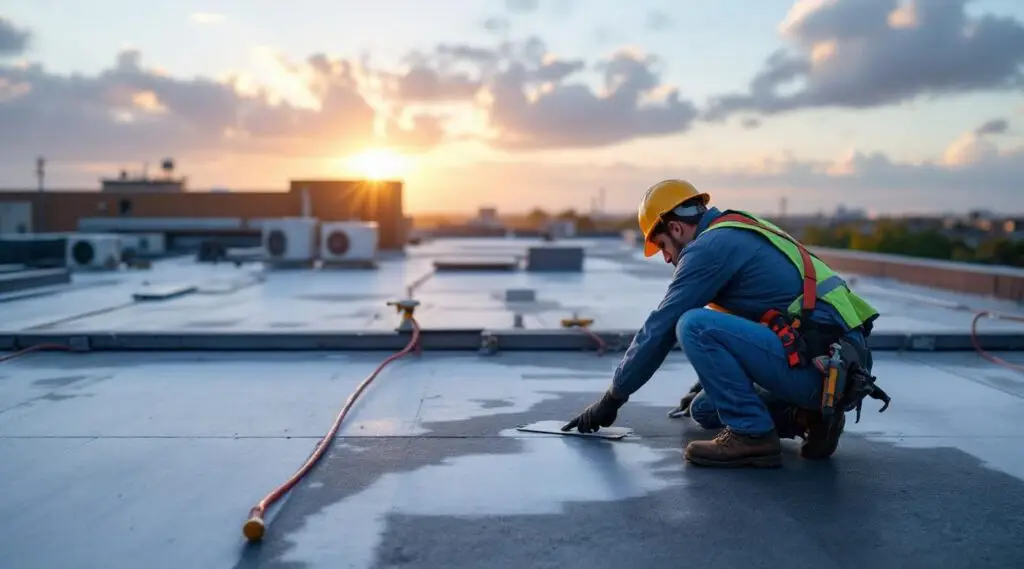 Roofing crew installing a flat TPO membrane on a Mt. Angel commercial building under soft overcast Pacific Northwest skies.