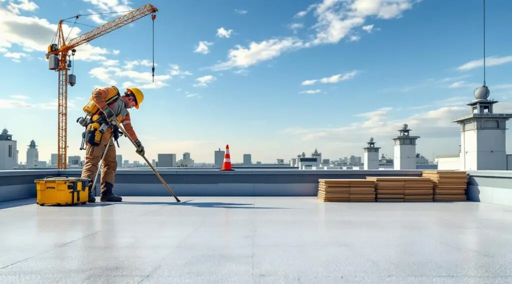 Professional commercial roofing crew heat-welding a white TPO flat roof membrane on a Keizer commercial building.