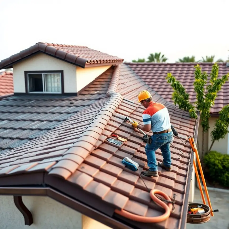 A professional roofing team carefully installing new shingles on a beautiful Santa Ana residence during a sunny afternoon.