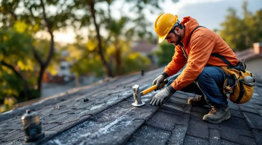 A professional roofer carefully replacing damaged asphalt shingles on a home in Mt. Angel, Oregon.