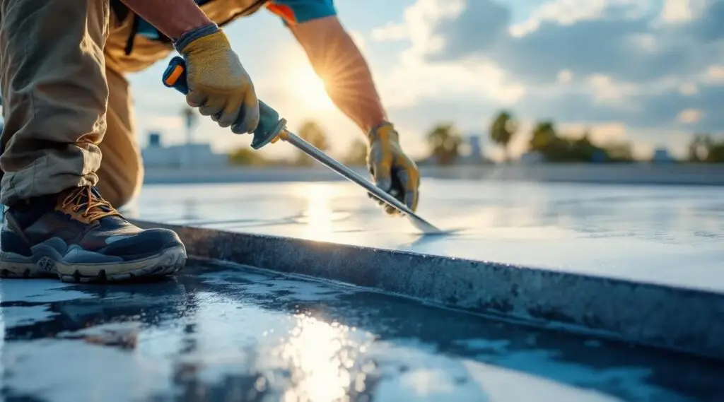 Professional roofing crew applying a white silicone roof coating to a flat commercial building in Keizer, Oregon.