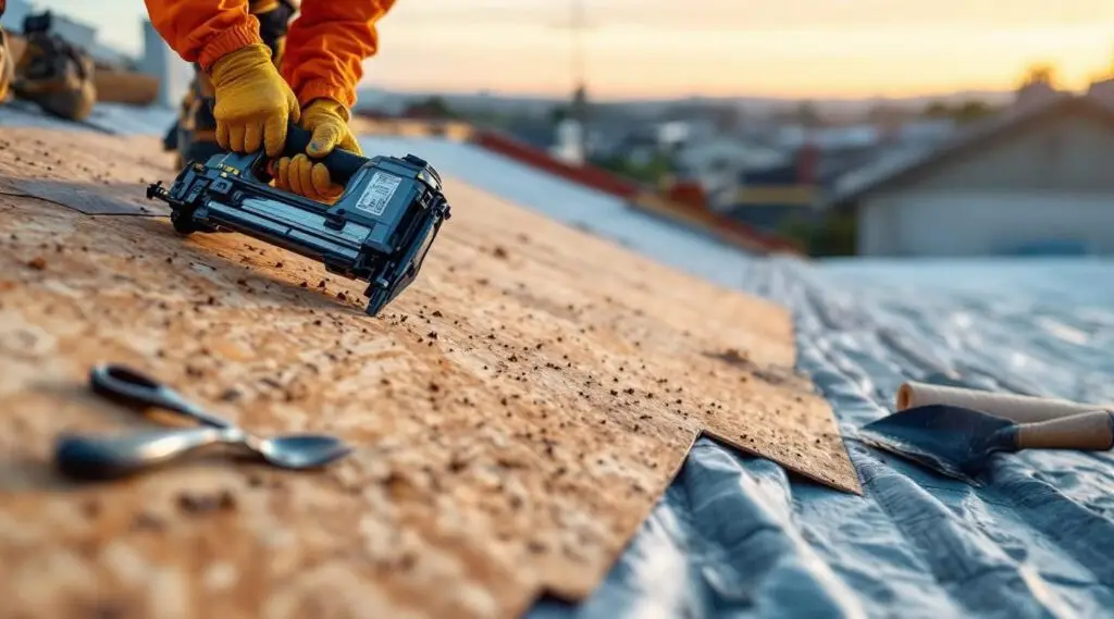 Professional roofing crew installing architectural shingles on a home in Mt. Angel, Oregon under warm afternoon light.