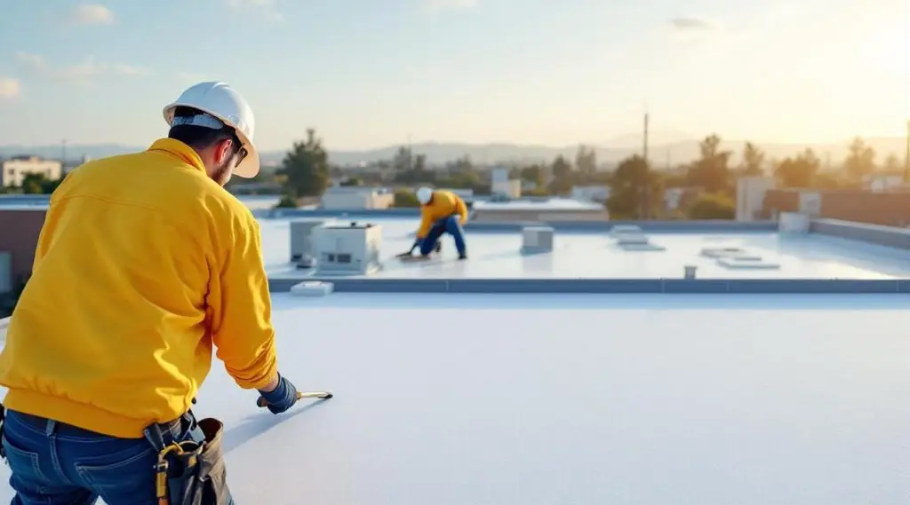 A professional roofing crew hot-air welding white TPO membrane seams on a flat commercial roof in Keizer under bright daylight.